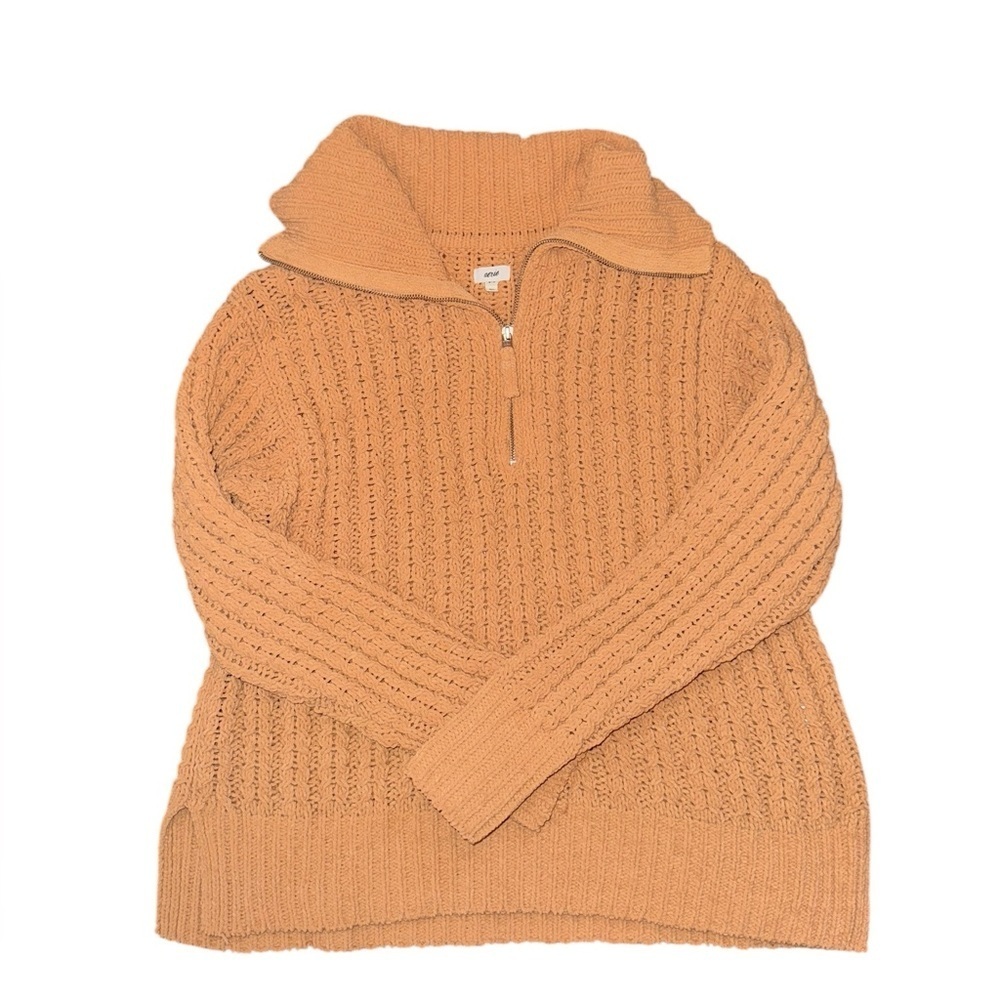 ▶️ Aerie ◀️ Oversized Cable Knit Quarter Zip Sweater Camel Brown Size Medium - Picture 9 of 12